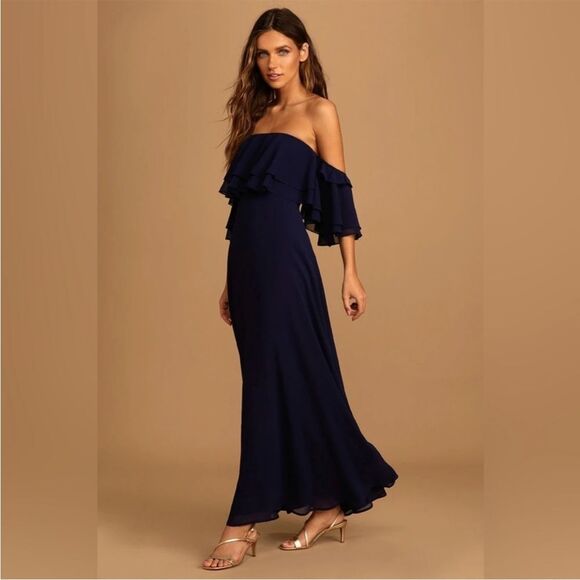 NEW Lulu's Navy Off-the-Shoulder Ruffled Maxi Dress Gown Size Large Party Glam - Picture 2 of 11